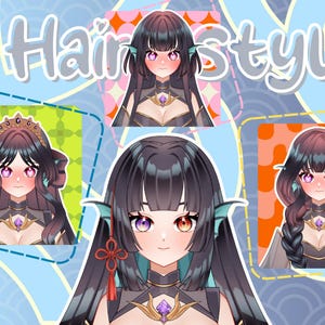 Anime VTuber hairstyle showcase featuring a fantasy sea-inspired girl avatar with multiple hair variations, custom hairstyles, and Live2D character design for Twitch streaming, PNGTuber, and VTube Studio
