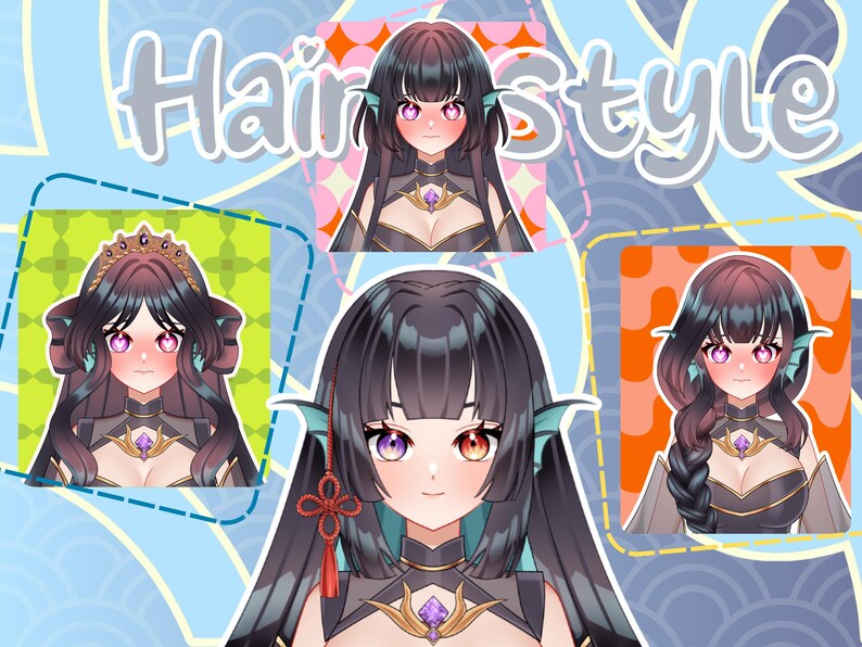 Anime VTuber hairstyle showcase featuring a fantasy sea-inspired girl avatar with multiple hair variations, custom hairstyles, and Live2D character design for Twitch streaming, PNGTuber, and VTube Studio