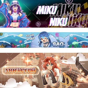 May include: Three digital art banners featuring anime-style characters. The first shows a purple-haired character with the text MIKU NIKU. The second depicts a blue-haired character with a whale and text 52-HZ WHALE BAO. The third shows a red-haired character with the text Maciironii.