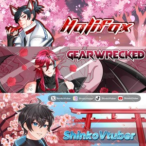 K&ouml;nnte beinhalten: Ein digitales Banner-Set mit drei Illustrationen von Charakteren im Anime-Stil. Das erste zeigt eine Figur mit Maske und den Text Halifax. Das zweite zeigt eine rothaarige Figur mit Fl&uuml;geln und den Text GEARWRECKED. Das dritte zeigt eine Figur mit einem Torii-Tor und den Text ShinkoVtuber.