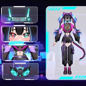Custom Live2D VTuber character design with cyberpunk anime girl avatar, full body rigging, futuristic streamer model, PNGTuber assets, VBridger support, and Twitch VTuber setup