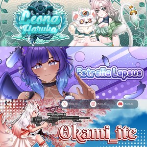 May include: A digital banner collage featuring three distinct anime-style illustrations. The top panel shows Leona Haruka with a small creature. The middle panel displays Estrella Lapsus with purple hair. The bottom panel depicts Okami_ite holding a rifle.