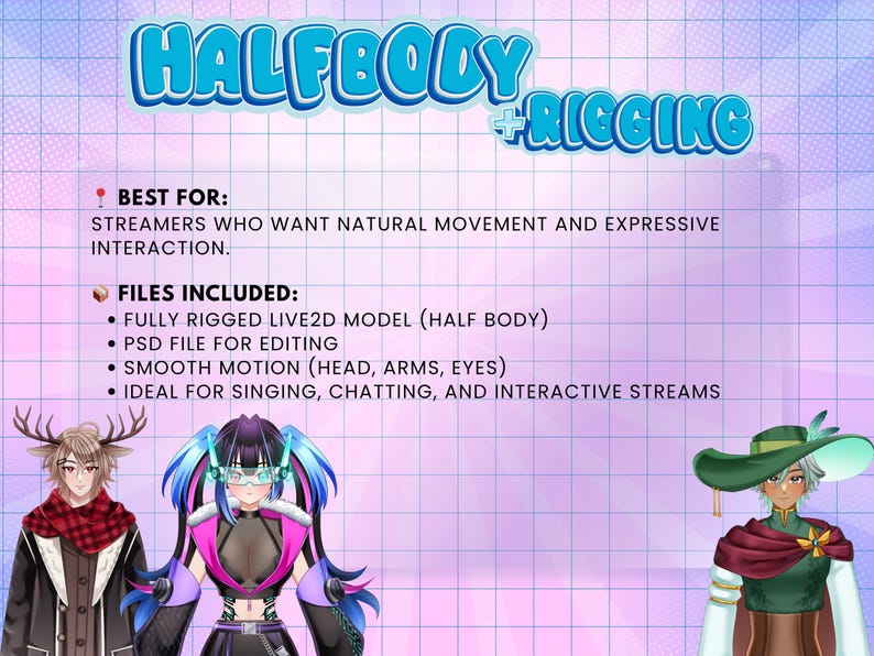 Halfbody VTuber rigging package featuring fully rigged Live2D anime avatars with smooth head, arm, and eye movement for Twitch streaming, interactive content, PNGTuber use, and VTube Studio
