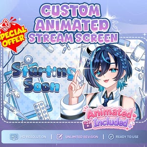 May include: A custom animated stream screen design with a medical theme. The image features an anime-style character with blue hair and eyes, surrounded by medical supplies. Text includes "Custom Animated Stream Screen" and "Starting Soon."