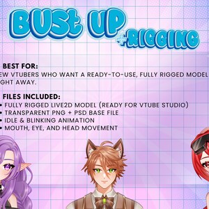 VTuber bust up rigging package featuring fully rigged Live2D anime avatars for Twitch streaming, including mouth tracking, eye movement, idle animation, blinking, PSD files, and VTube Studio ready models
