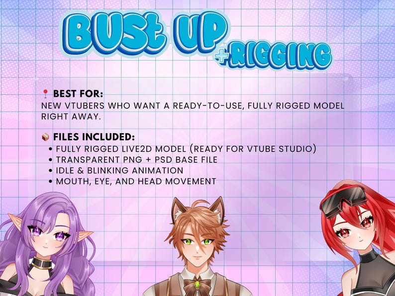 VTuber bust up rigging package featuring fully rigged Live2D anime avatars for Twitch streaming, including mouth tracking, eye movement, idle animation, blinking, PSD files, and VTube Studio ready models