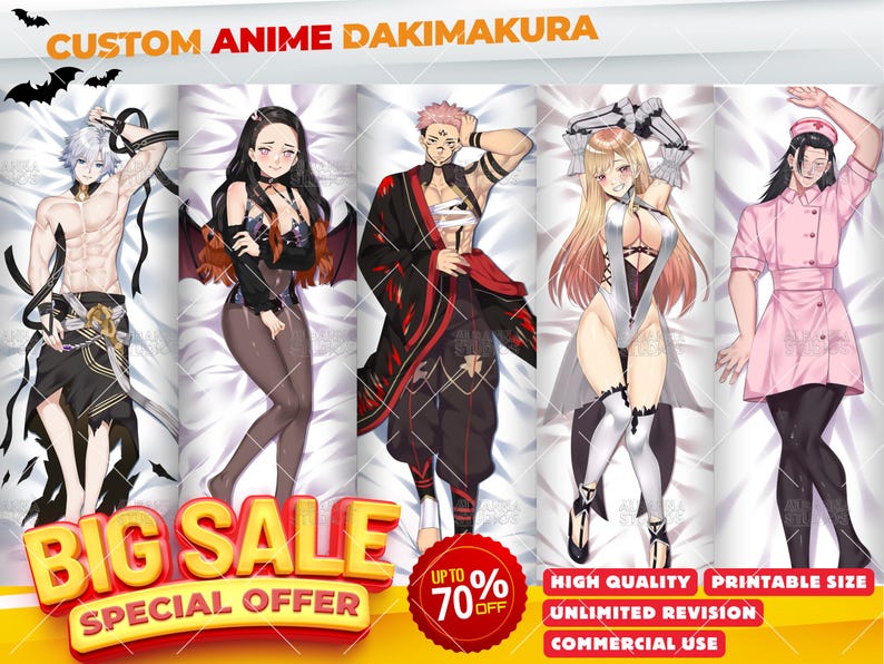 Halloween Custom Anime Dakimakura Body Pillow Commission Featuring Anime Waifu and Husbando Characters in Cosplay Outfits | Personalized Anime Hug Pillow Cover Design | Sexy Otaku Bedroom Decor Gift | High Quality Printable Dakimakura with Commercial Use