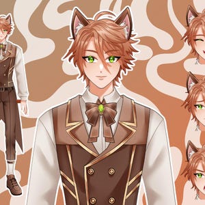Custom anime fox boy VTuber avatar with expressive emotions, fantasy brown outfit, and Live2D ready character design for Twitch and YouTube creators