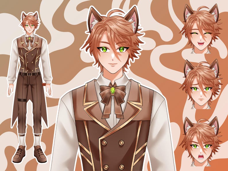 Custom anime fox boy VTuber avatar with expressive emotions, fantasy brown outfit, and Live2D ready character design for Twitch and YouTube creators