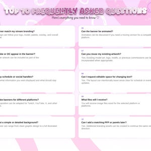 May include: A pink graphic banner titled TOP 10 FREQUENTLY ASKED QUESTIONS with the subtitle Here's everything you need to know. It features ten numbered white rectangular boxes containing questions and answers about custom banner design services.