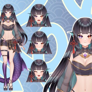 Custom anime mermaid VTuber avatar with expressive emotions, fantasy ocean-inspired outfit, and Live2D ready character art for Twitch and YouTube creators