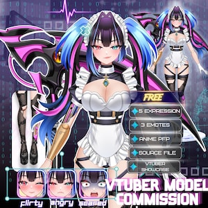 May include: A digital anime-style character model featuring a maid outfit with white and black accents, blue and pink hair, and robotic arm details. The image includes text labels for free assets like 5 expression, 3 emotes, and VTuber model commission.