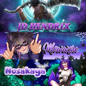 K&ouml;nnte beinhalten: Ein digitales Banner-Set mit drei verschiedenen Charakter-Illustrationen im Anime-Stil. Das obere Feld zeigt eine Figur mit einer gro&szlig;en Klinge und dem Text JD HENDRIX. Das mittlere Feld zeigt eine Figur mit Katzenohren und dem Text Mewwsu. Das untere Feld zeigt eine Figur mit violettem Haar und dem Text Nosakaya.