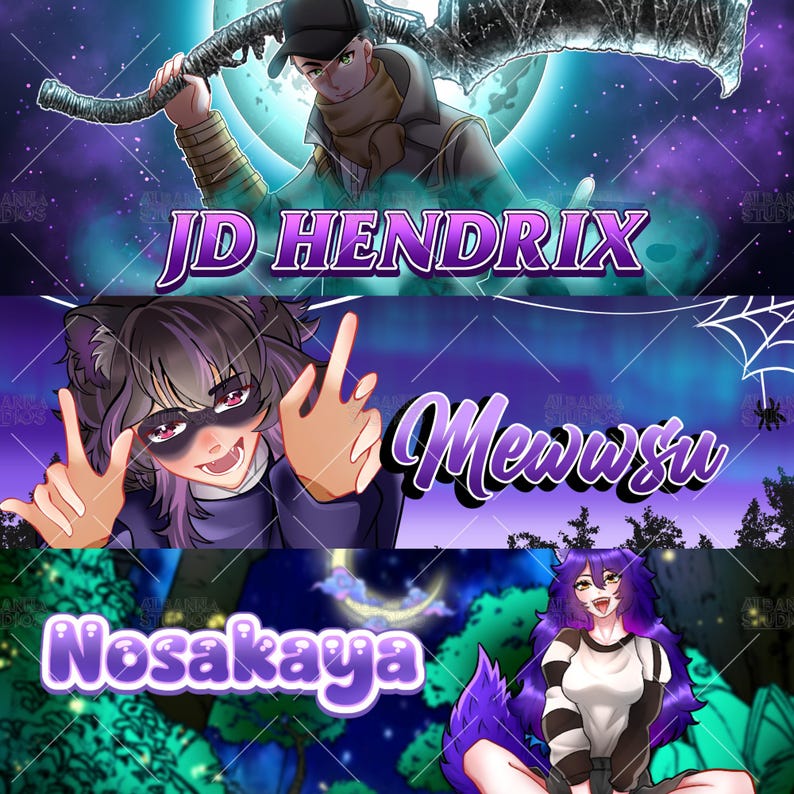 K&ouml;nnte beinhalten: Ein digitales Banner-Set mit drei verschiedenen Charakter-Illustrationen im Anime-Stil. Das obere Feld zeigt eine Figur mit einer gro&szlig;en Klinge und dem Text JD HENDRIX. Das mittlere Feld zeigt eine Figur mit Katzenohren und dem Text Mewwsu. Das untere Feld zeigt eine Figur mit violettem Haar und dem Text Nosakaya.
