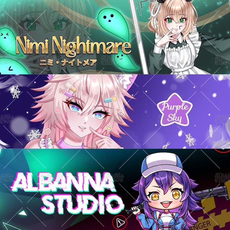 K&ouml;nnte beinhalten: Eine digitale Kunstcollage mit drei verschiedenen Bannern im Anime-Stil. Das obere Feld zeigt Nimi Nightmare mit gr&uuml;nen Geistern, das mittlere Feld zeigt eine rosahaarige Figur mit der Aufschrift Purple Sky und das untere Feld zeigt Albanna Studio mit einer violetthaarigen Figur, die einen Schl&auml;ger h&auml;lt.
