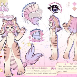 以下が含まれることがあります： ピンクとベージュの配色で、カイリという名前のハイブリッド猫のキャラクターシート。キャラクターはラベンダー色の目、縞模様の尾、ヒレのような特徴を持っています。「Fun Facts」と「Favorite Food & Drinks」というテキストが含まれています。