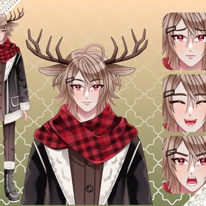 Anime deer boy VTuber model featuring antlers, winter fantasy outfit, multiple facial expressions, and full body Live2D character design for Twitch streaming, PNGTuber, and VTube Studio