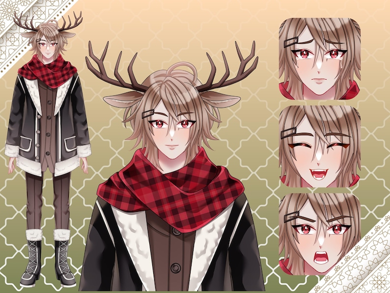 Anime deer boy VTuber model featuring antlers, winter fantasy outfit, multiple facial expressions, and full body Live2D character design for Twitch streaming, PNGTuber, and VTube Studio