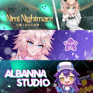 May include: A digital art collage featuring three distinct anime-style character banners. The top panel shows Nimi Nightmare with green ghosts, the middle panel displays a pink-haired character labeled Purple Sky, and the bottom panel features Albanna Studio with a purple-haired character holding a bat.