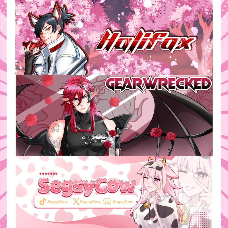 May include: Three digital banners featuring anime-style characters. The top shows a character with a mask and the text Halifax. The middle displays a winged character with roses and the text GEARWRECKED. The bottom features a cow-themed character and the text SegsyCow.