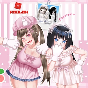 May include: An anime-style illustration of two girls in pink outfits and white gloves. The Roblox logo is in the upper left corner. A photo of two girls is clipped to the top. The word "Besties!" is written in pink.