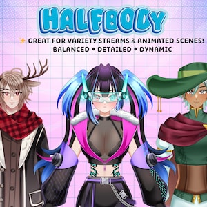 Anime VTuber halfbody showcase featuring fantasy, cyberpunk, and RPG-inspired Live2D avatars for Twitch streaming, PNGTuber content, animated scenes, and VTube Studio creators.