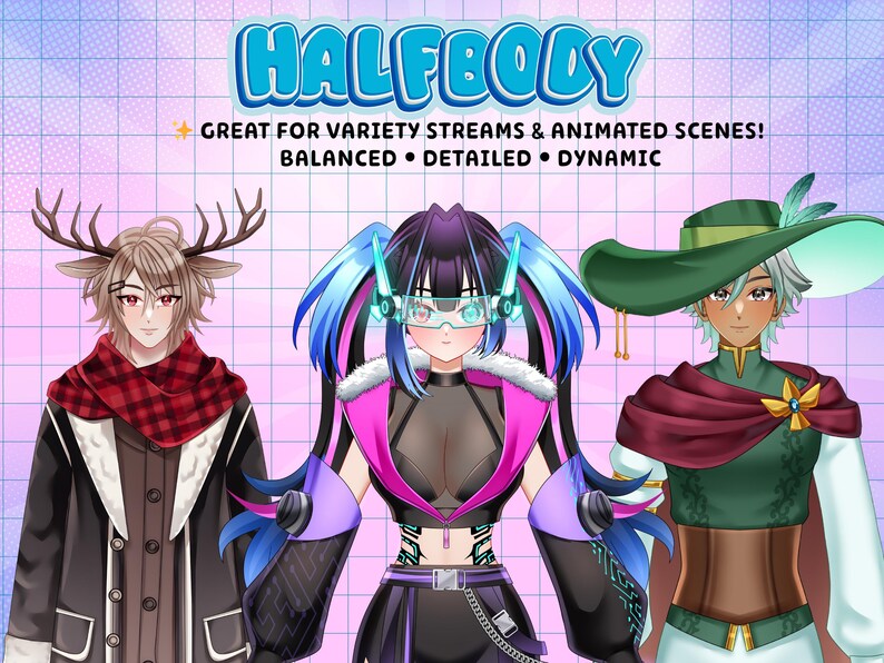 Anime VTuber halfbody showcase featuring fantasy, cyberpunk, and RPG-inspired Live2D avatars for Twitch streaming, PNGTuber content, animated scenes, and VTube Studio creators.