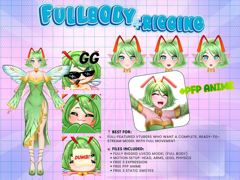 Fullbody VTuber rigging package featuring a fantasy fairy anime Live2D avatar with full movement, expressive emotions, animated PFP, free emotes, and VTube Studio ready model for Twitch streaming and PNGTuber creators