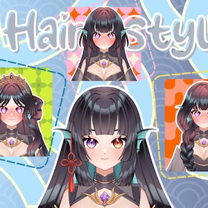 Anime VTuber hairstyle showcase featuring a fantasy sea-inspired girl avatar with multiple hair variations, custom hairstyles, and Live2D character design for Twitch streaming, PNGTuber, and VTube Studio