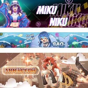 K&ouml;nnte beinhalten: Drei digitale Kunstbanner mit Anime-Charakteren. Das erste zeigt eine Figur mit violettem Haar und dem Text MIKU NIKU. Das zweite zeigt eine Figur mit blauem Haar, einem Wal und dem Text 52-HZ WHALE BAO. Das dritte zeigt eine Figur mit rotem Haar und dem Text Maciironii.