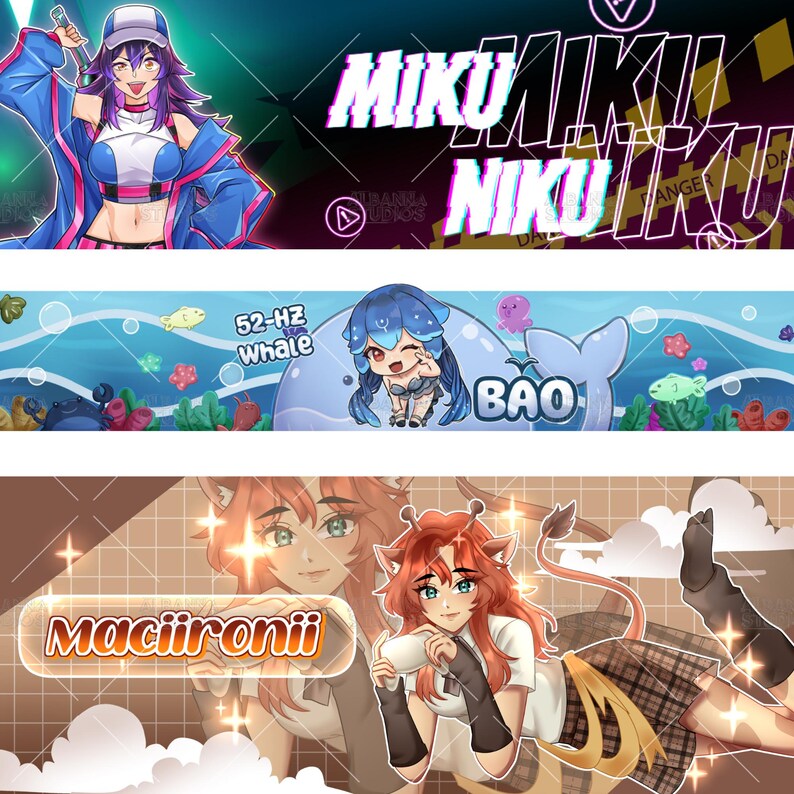K&ouml;nnte beinhalten: Drei digitale Kunstbanner mit Anime-Charakteren. Das erste zeigt eine Figur mit violettem Haar und dem Text MIKU NIKU. Das zweite zeigt eine Figur mit blauem Haar, einem Wal und dem Text 52-HZ WHALE BAO. Das dritte zeigt eine Figur mit rotem Haar und dem Text Maciironii.