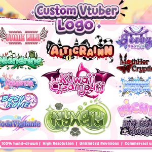May include: A collection of custom Vtuber logos featuring various colourful designs and typography. The logos include names such as Otome Lulu, Alticrainn, Teevy, Niandrine, MothHor Cryptid, Celestia, Kawaii Creampuff, Dungeon Stellae, Bash Xane, SodaVigilante, Nyxeru, Kichy, and Just Goth Enough.