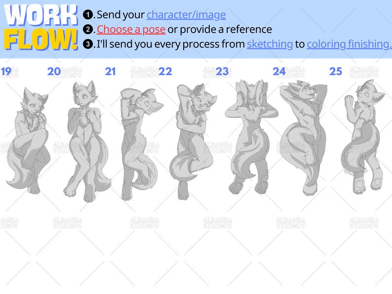 Furry Dakimakura Cute Pose Reference Sheet for Custom Body Pillow Commission | Choose Your Kemono or Anthro Character Pose for Personalized Furry Hug Pillow Cover | Adorable Furry Dakimakura Workflow Guide with Relaxing Pose Options