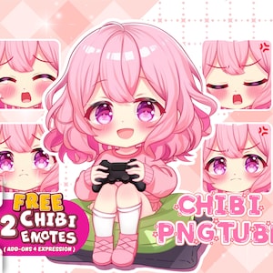 Pode incluir: Um personagem chibi de cabelo rosa com grandes olhos roxos, segurando um controle de jogo preto, rodeado por quatro imagens menores de diferentes expressões faciais. A imagem inclui o texto "FREE 2 CHIBI EMOTES" e "CHIBI PNGTUBER".
