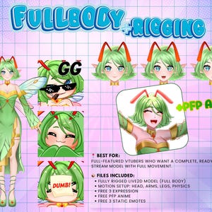 Fullbody VTuber rigging package featuring a fantasy fairy anime Live2D avatar with full movement, expressive emotions, PFP anime, free emotes, and VTube Studio ready model for Twitch streaming and PNGTuber creators
