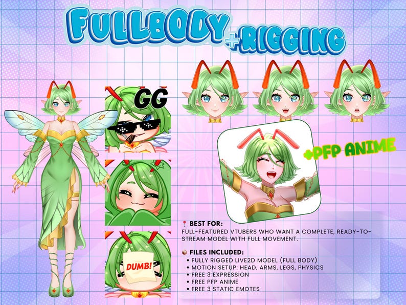 Fullbody VTuber rigging package featuring a fantasy fairy anime Live2D avatar with full movement, expressive emotions, PFP anime, free emotes, and VTube Studio ready model for Twitch streaming and PNGTuber creators