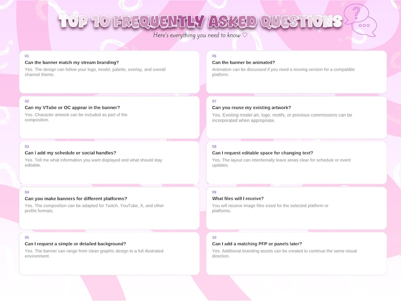 K&ouml;nnte beinhalten: Ein rosa Grafikbanner mit dem Titel TOP 10 FREQUENTLY ASKED QUESTIONS und dem Untertitel Here's everything you need to know. Es enth&auml;lt zehn nummerierte wei&szlig;e rechteckige Felder mit Fragen und Antworten zu Dienstleistungen f&uuml;r Bannerdesigns.