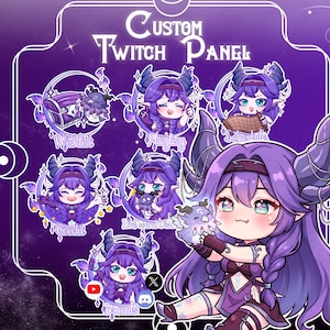 Op de afbeelding: Een set paarsgekleurde aangepaste Twitch-panelen met een chibi-stijl personage met hoorns en lang paars haar. De panelen bevatten labels voor Wishlist, Playlist, Schedule, Credit, Discord en Socials, samen met een grote karakterillustratie.