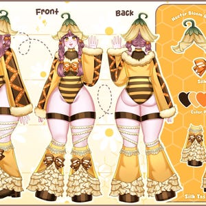 Pode incluir: Uma folha de referência de personagem com um traje temático de abelha, incluindo um chapéu Nectar Bloom, um body listrado e calças largas com babados. O design apresenta um laço de seda, sapatos com borlas de seda e uma paleta de cores preto, amarelo, laranja e creme.