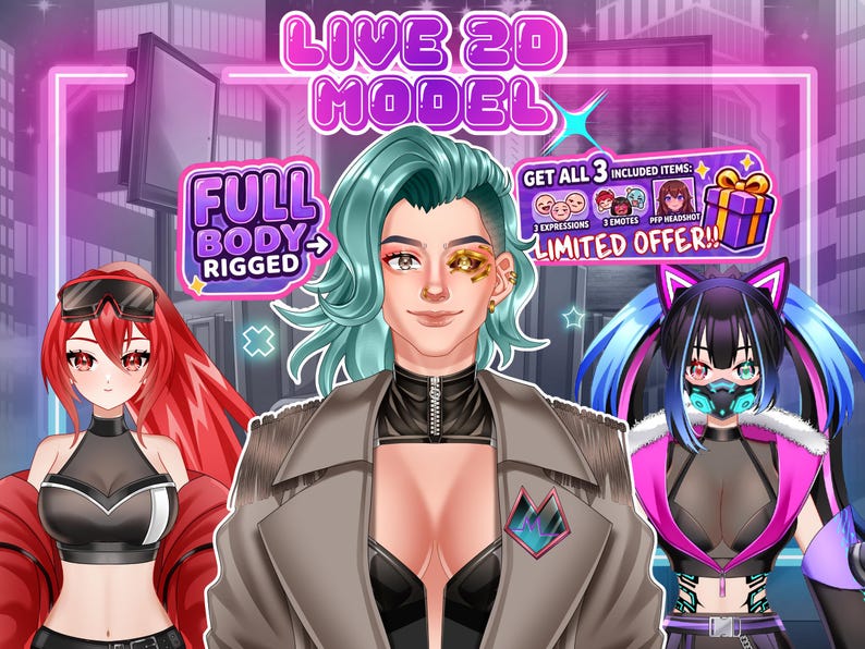 Custom Live2D VTuber model commission thumbnail featuring fully rigged anime VTuber avatars for Twitch and YouTube streaming, including female cyberpunk characters, VBridger support, PNGTuber assets, custom expressions, emotes, and PFP headshot bonus