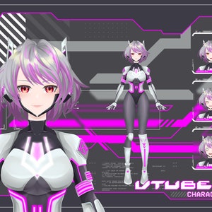 Cyberpunk anime VTuber character featuring a futuristic female Live2D avatar with neon pink accents, robotic headset, multiple facial expressions, and full body design for Twitch streaming, PNGTuber, and VTube Studio