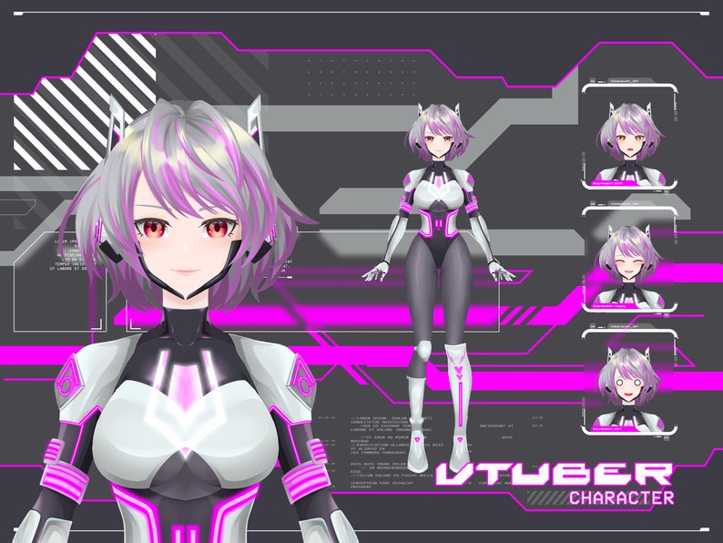 Cyberpunk anime VTuber character featuring a futuristic female Live2D avatar with neon pink accents, robotic headset, multiple facial expressions, and full body design for Twitch streaming, PNGTuber, and VTube Studio
