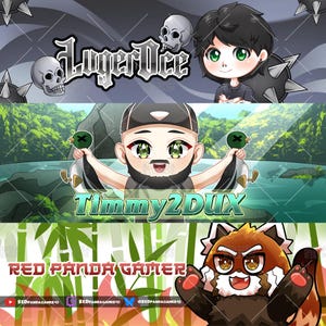 May include: A digital banner set featuring three distinct designs. The first shows the text LugerOce with skulls and a character. The second displays Timmy2DUX with a character holding two ducks. The third shows RED PANDA GAMER with a red panda character.