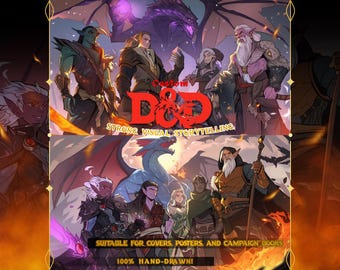 Zlecenie na przyjęcie DND, ilustracja fantasy, portret postaci DND, zlecenie DnD, portret grupowy, grafika kampanii, projektowanie postaci