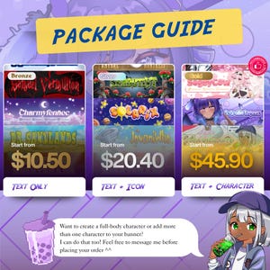 May include: A digital package guide graphic featuring three tiers labeled Bronze, Silver, and Gold with prices of $10.50, $20.40, and $45.90. The tiers correspond to Text Only, Text + Icon, and Text + Character options, displayed with sample banners.