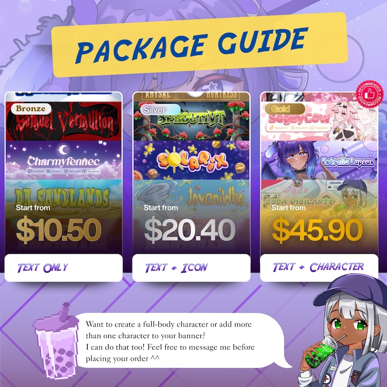 May include: A digital package guide graphic featuring three tiers labeled Bronze, Silver, and Gold with prices of $10.50, $20.40, and $45.90. The tiers correspond to Text Only, Text + Icon, and Text + Character options, displayed with sample banners.