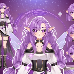 Fantasy anime VTuber model featuring a purple-haired elf girl with fairy wings, multiple facial expressions, and full body character design for Live2D VTuber, PNGTuber, Twitch streaming, and VTube Studio use