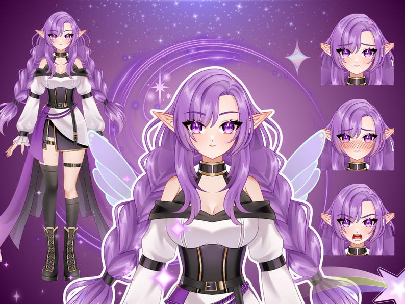 Fantasy anime VTuber model featuring a purple-haired elf girl with fairy wings, multiple facial expressions, and full body character design for Live2D VTuber, PNGTuber, Twitch streaming, and VTube Studio use