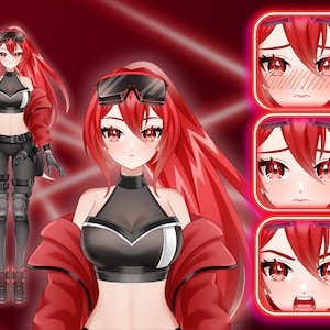 Cyberpunk anime VTuber model featuring a red-haired female avatar with futuristic outfit, multiple facial expressions, and full body Live2D character design for Twitch streaming, PNGTuber, and VTube Studio.