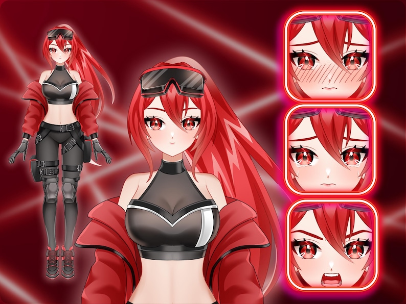 Cyberpunk anime VTuber model featuring a red-haired female avatar with futuristic outfit, multiple facial expressions, and full body Live2D character design for Twitch streaming, PNGTuber, and VTube Studio.